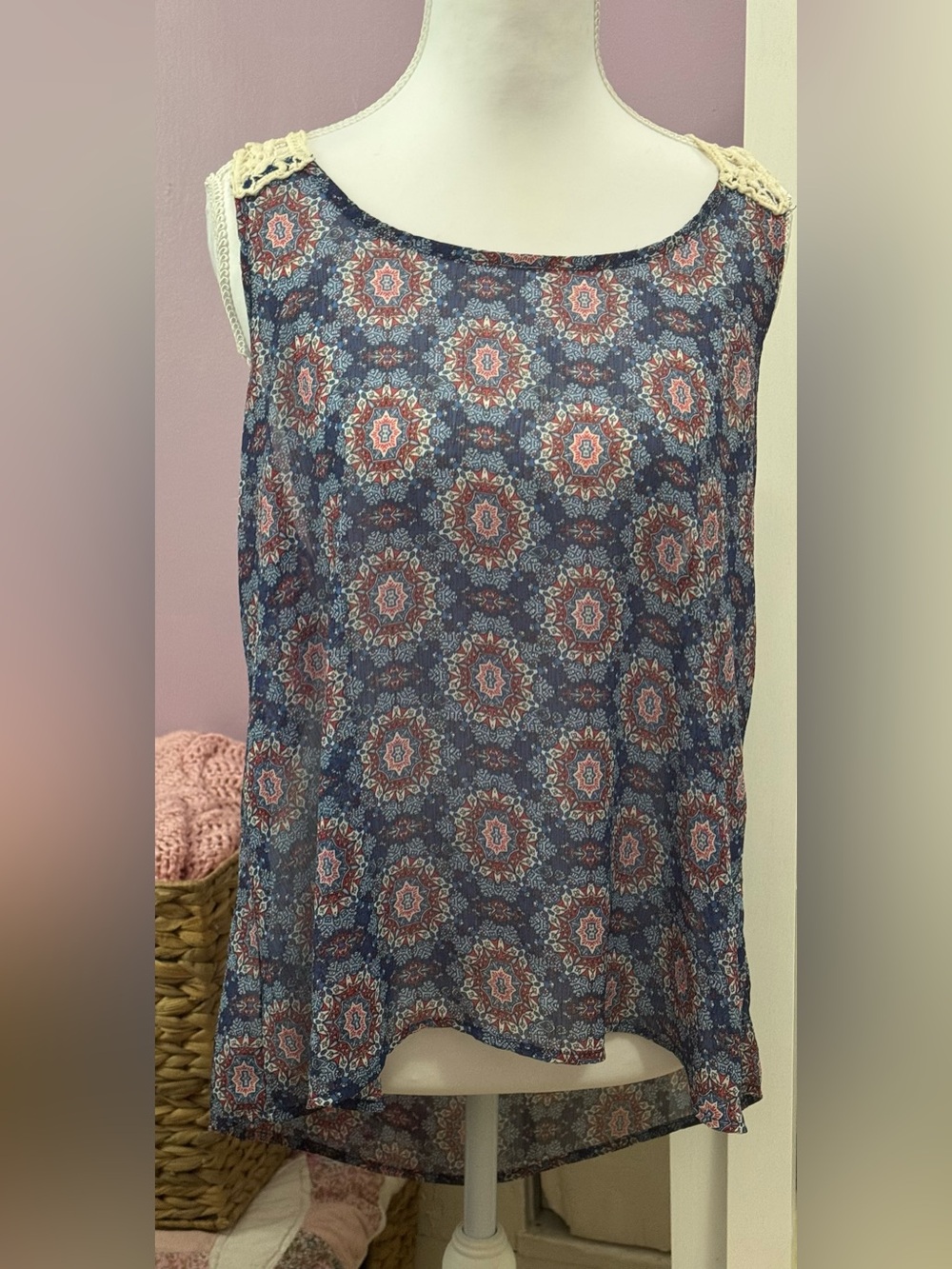 No Boundaries Navy Blue Medallion Print Crochet-Shoulder Sleeveless Top